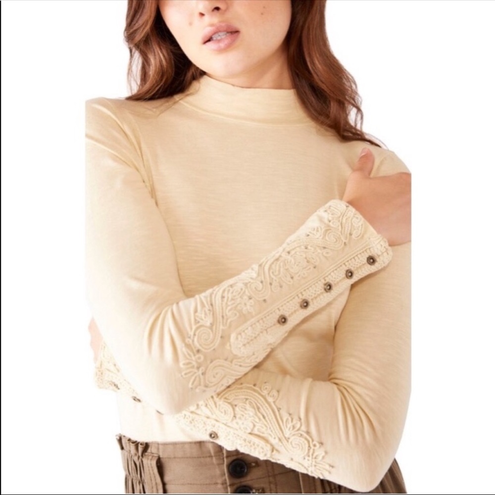 Free People Embroidered Sleeve Mock Neck Top